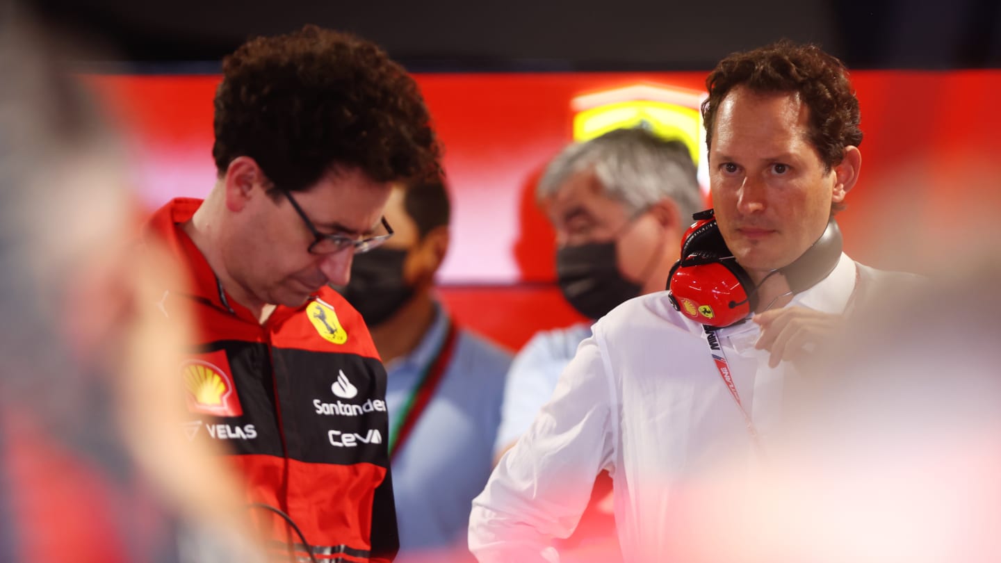 MIAMI, FLORIDA - MAY 07: Scuderia Ferrari Team Principal Mattia Binotto and John Elkann, Chairman