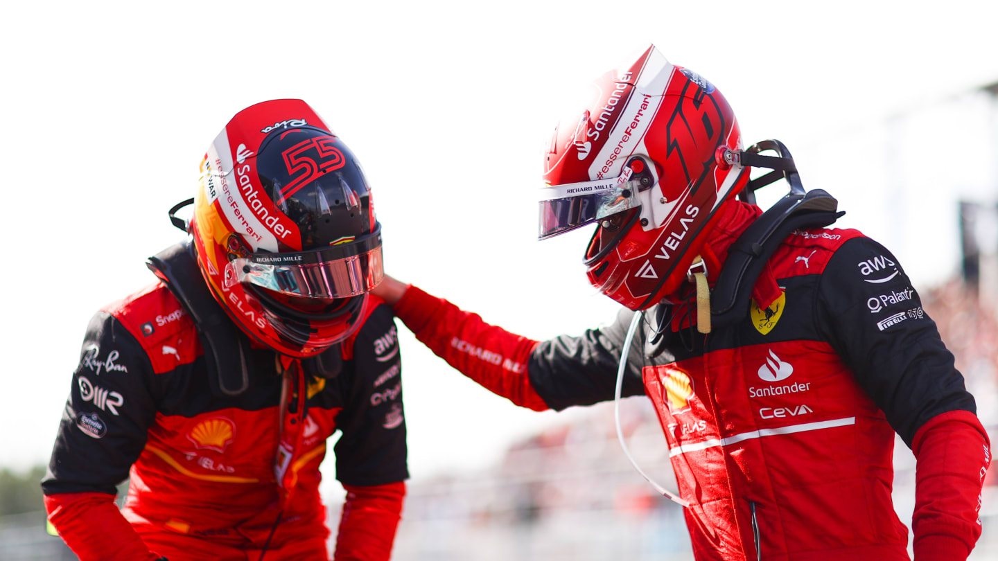 MIAMI, FLORIDA - MAY 07: Pole position qualifier Charles Leclerc of Monaco and Ferrari and Second placed qualifier Carlos Sainz of Spain and Ferrari celebrate in parc ferme during qualifying ahead of the F1 Grand Prix of Miami at the Miami International Autodrome on May 07, 2022 in Miami, Florida. (Photo by Dan Istitene - Formula 1/Formula 1 via Getty Images)