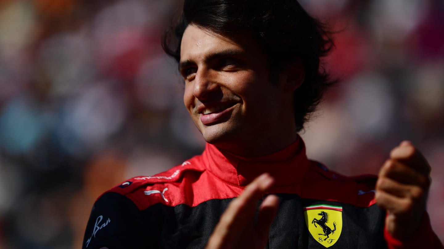 MIAMI, FLORIDA - MAY 07: Second placed qualifier Carlos Sainz of Spain and Ferrari smiles in parc