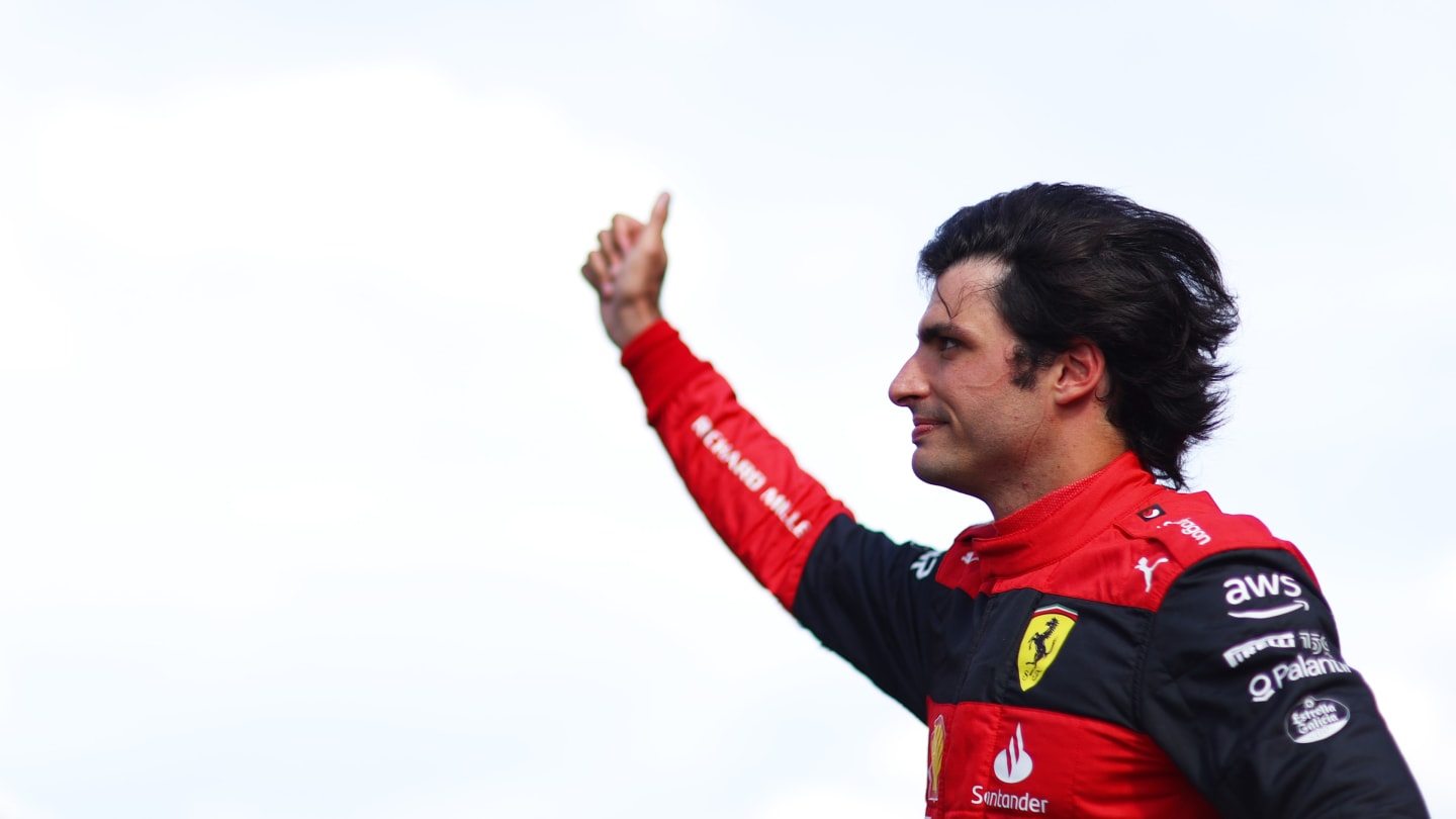 MIAMI, FLORIDA - MAY 07: Second placed qualifier Carlos Sainz of Spain and Ferrari celebrates in