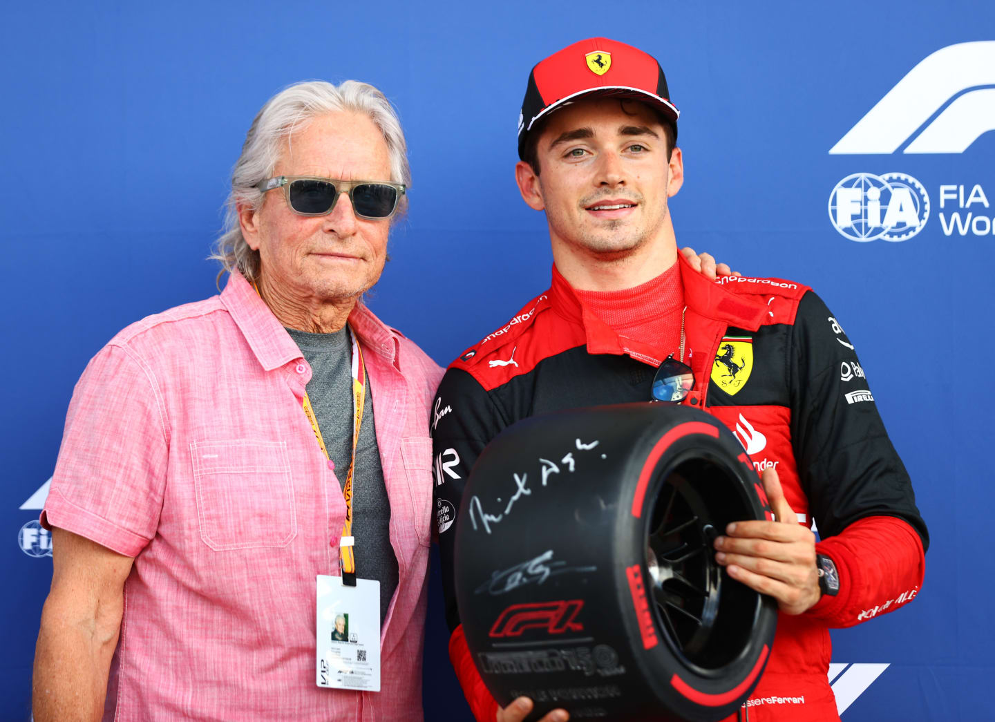 MIAMI, FLORIDA - MAY 07: Pole position qualifier Charles Leclerc of Monaco and Ferrari is presented
