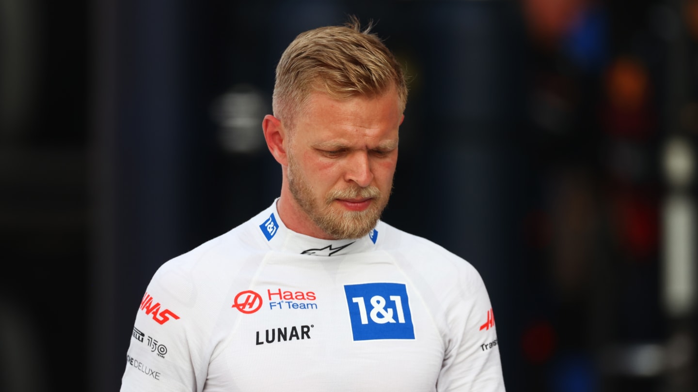 MIAMI, FLORIDA - MAY 07: 16th placed qualifier Kevin Magnussen of Denmark and Haas F1 walks in the Pitlane during qualifying ahead of the F1 Grand Prix of Miami at the Miami International Autodrome on May 07, 2022 in Miami, Florida. (Photo by Dan Istitene - Formula 1/Formula 1 via Getty Images)