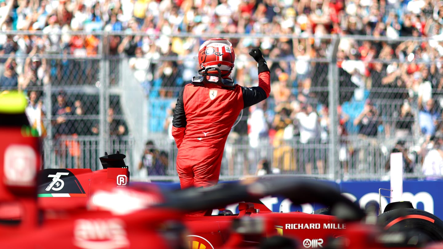 MIAMI, FLORIDA - MAY 07: Pole position qualifier Charles Leclerc of Monaco and Ferrari celebrates