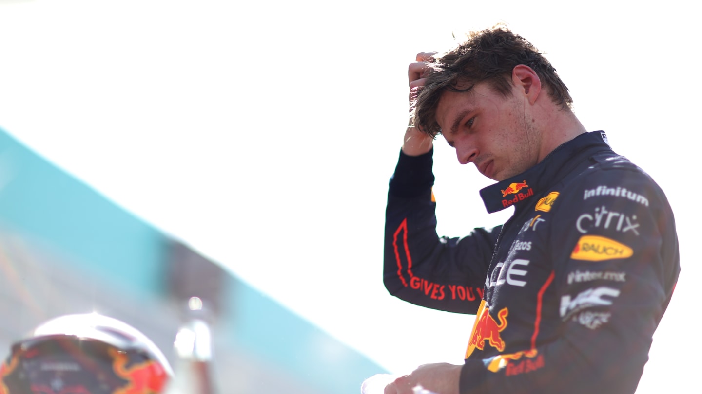 MIAMI, FLORIDA - MAY 07: Third placed qualifier Max Verstappen of the Netherlands and Oracle Red Bull Racing looks on in parc ferme during qualifying ahead of the F1 Grand Prix of Miami at the Miami International Autodrome on May 07, 2022 in Miami, Florida. (Photo by Dan Istitene - Formula 1/Formula 1 via Getty Images)