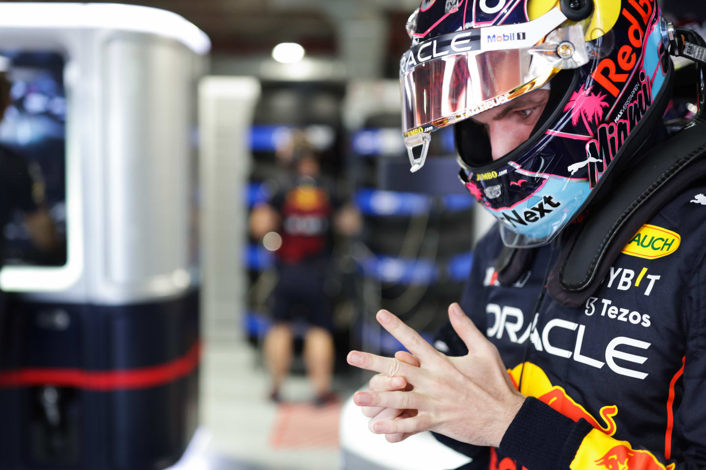 MIAMI, FLORIDA - MAY 07: Max Verstappen of the Netherlands and Oracle Red Bull Racing prepares to drive in the garage during qualifying ahead of the F1 Grand Prix of Miami at the Miami International Autodrome on May 07, 2022 in Miami, Florida. (Photo by Mark Thompson/Getty Images)