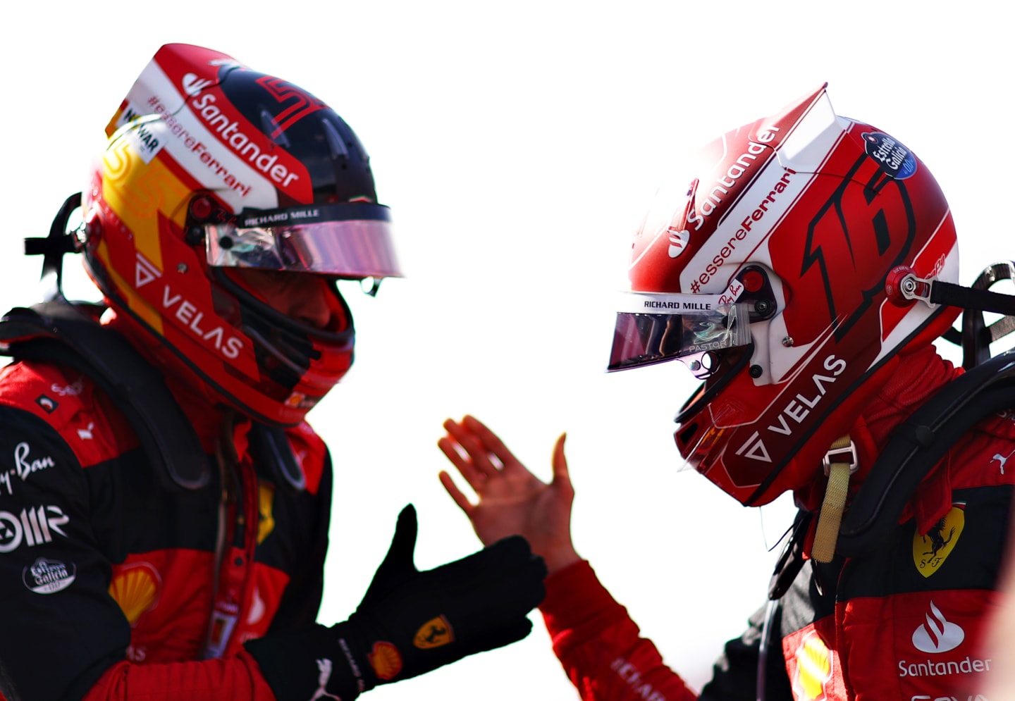 MIAMI, FLORIDA - MAY 07: Pole position qualifier Charles Leclerc of Monaco and Ferrari and Second placed qualifier Carlos Sainz of Spain and Ferrari celebrate in parc ferme during qualifying ahead of the F1 Grand Prix of Miami at the Miami International Autodrome on May 07, 2022 in Miami, Florida. (Photo by Dan Istitene - Formula 1/Formula 1 via Getty Images)