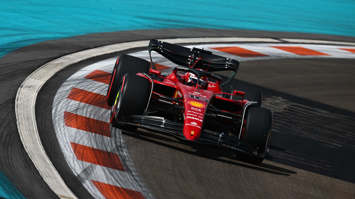 MIAMI, FLORIDA - MAY 07: Charles Leclerc of Monaco driving (16) the Ferrari F1-75 on track during qualifying ahead of the F1 Grand Prix of Miami at the Miami International Autodrome on May 07, 2022 in Miami, Florida. (Photo by Clive Mason - Formula 1/Formula 1 via Getty Images)