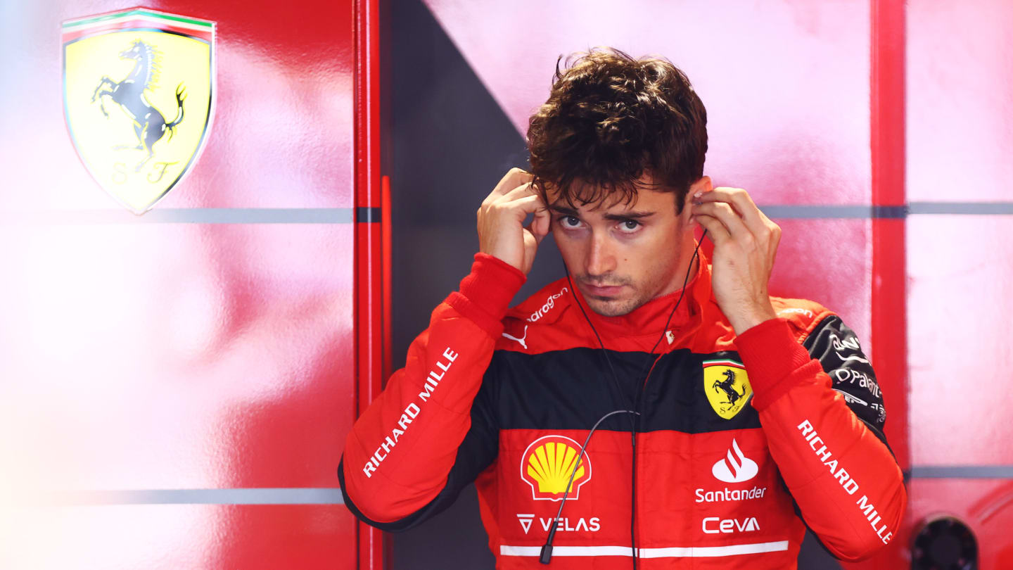 MIAMI, FLORIDA - MAY 07: Charles Leclerc of Monaco and Ferrari prepares to drive in the garage during qualifying ahead of the F1 Grand Prix of Miami at the Miami International Autodrome on May 07, 2022 in Miami, Florida. (Photo by Dan Istitene - Formula 1/Formula 1 via Getty Images)