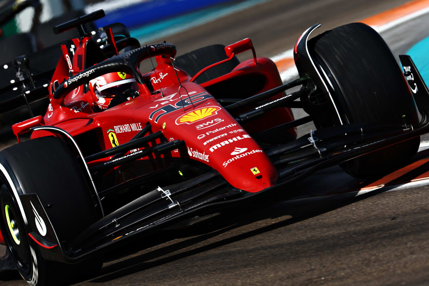 MIAMI, FLORIDA - MAY 08: Charles Leclerc of Monaco driving (16) the Ferrari F1-75 on track during the F1 Grand Prix of Miami at the Miami International Autodrome on May 08, 2022 in Miami, Florida. (Photo by Mark Thompson/Getty Images)