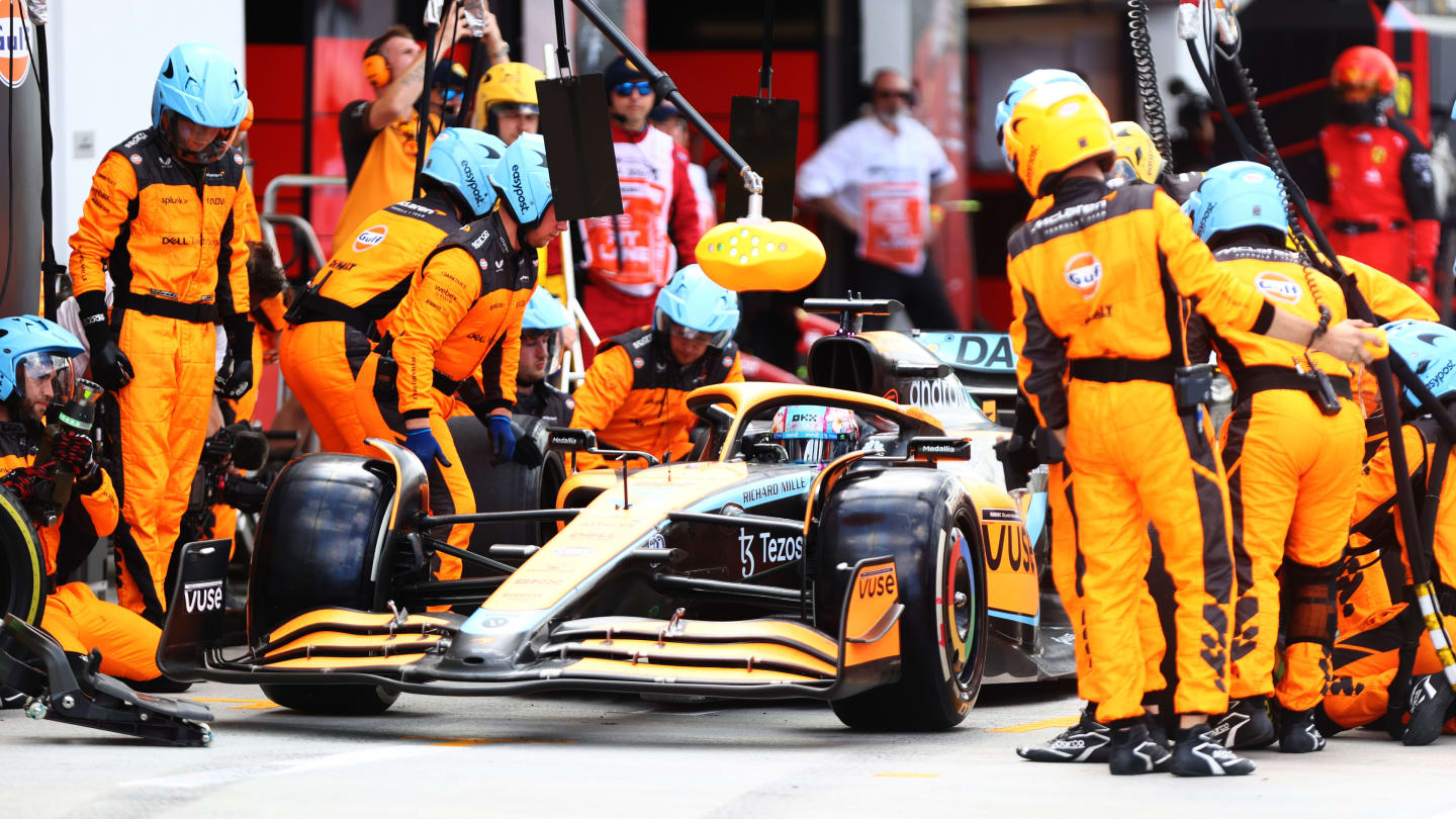 MIAMI, FLORIDA - MAY 08: Daniel Ricciardo of Australia driving the (3) McLaren MCL36 Mercedes makes a pitstop during the F1 Grand Prix of Miami at the Miami International Autodrome on May 08, 2022 in Miami, Florida. (Photo by Dan Istitene - Formula 1/Formula 1 via Getty Images)