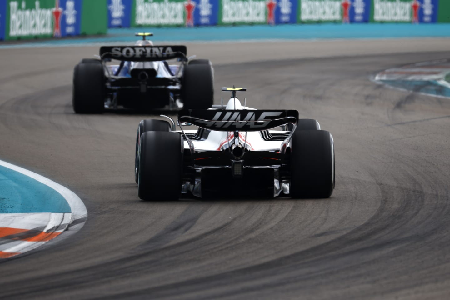 MIAMI, FLORIDA - MAY 08: Mick Schumacher of Germany driving the (47) Haas F1 VF-22 Ferrari follows Nicholas Latifi of Canada driving the (6) Williams FW44 Mercedes during the F1 Grand Prix of Miami at the Miami International Autodrome on May 08, 2022 in Miami, Florida. (Photo by Jared C. Tilton/Getty Images)