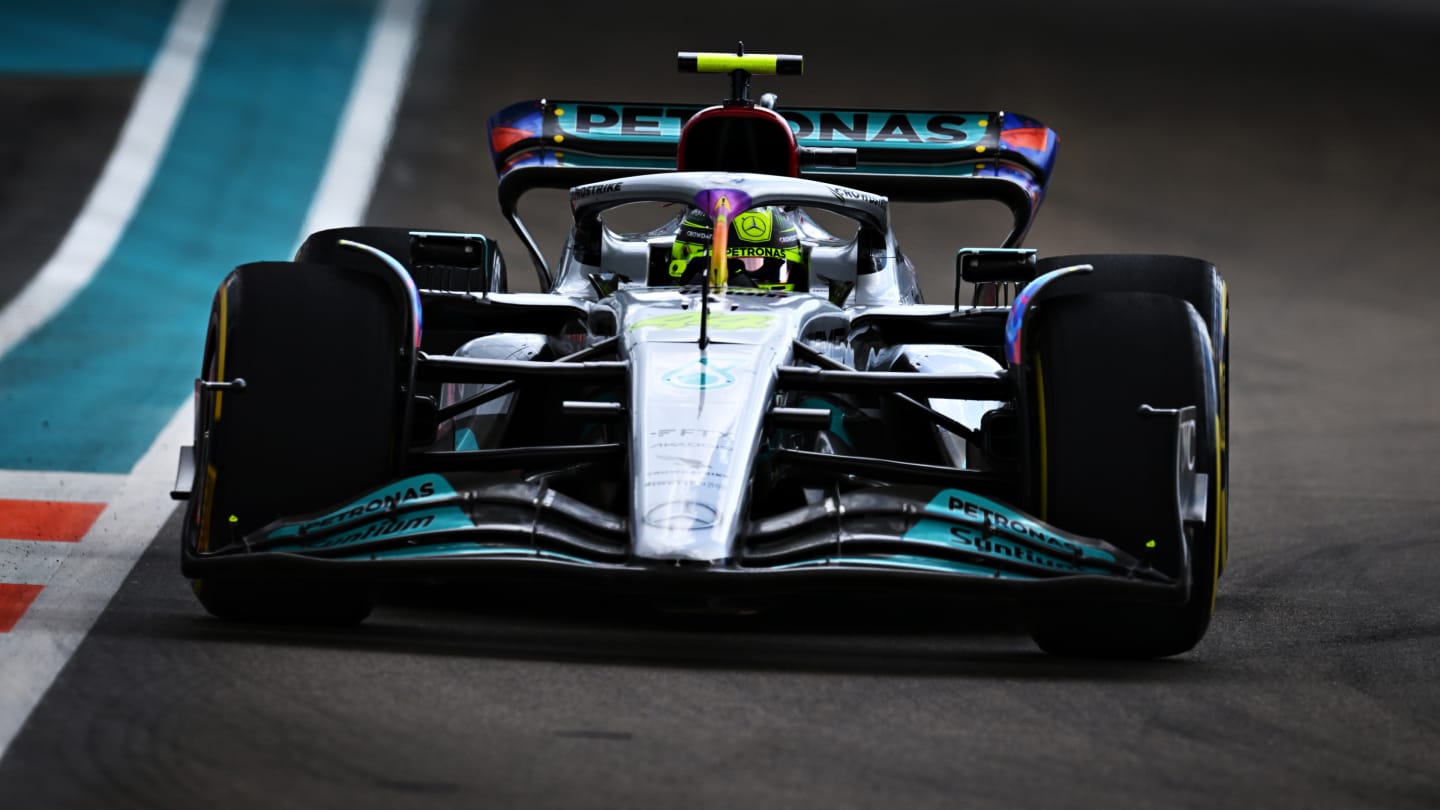 MIAMI, FLORIDA - MAY 08: Lewis Hamilton of Great Britain driving the (44) Mercedes AMG Petronas F1 Team W13 on track during the F1 Grand Prix of Miami at the Miami International Autodrome on May 08, 2022 in Miami, Florida. (Photo by Clive Mason - Formula 1/Formula 1 via Getty Images)