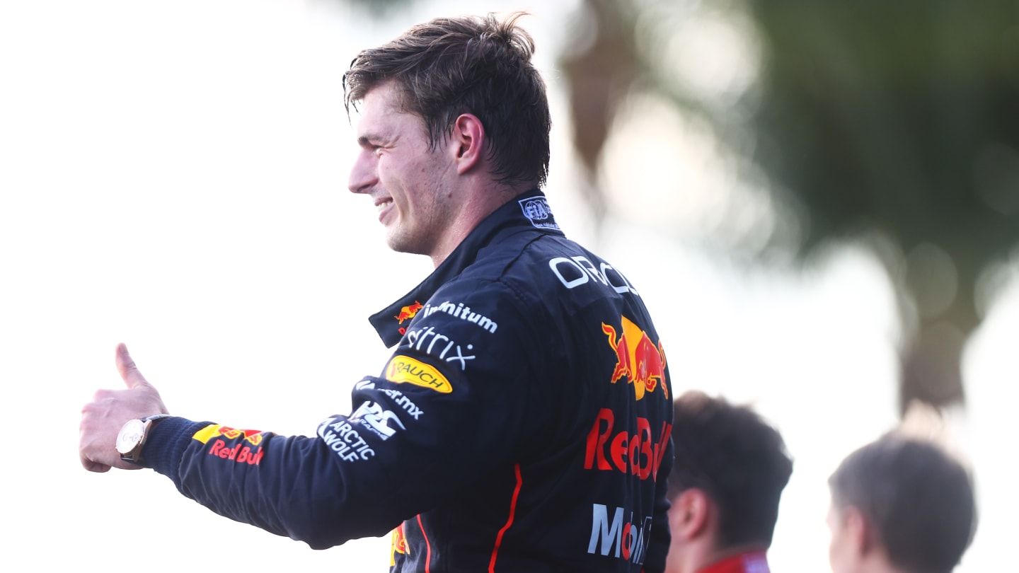 MIAMI, FLORIDA - MAY 08: Race winner Max Verstappen of the Netherlands and Oracle Red Bull Racing celebrates on the podium during the F1 Grand Prix of Miami at the Miami International Autodrome on May 08, 2022 in Miami, Florida. (Photo by Dan Istitene - Formula 1/Formula 1 via Getty Images)