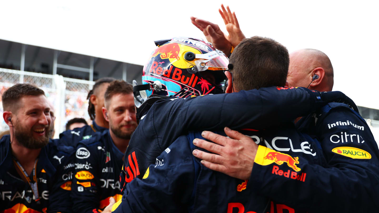 MIAMI, FLORIDA - MAY 08: Race winner Max Verstappen of the Netherlands and Oracle Red Bull Racing celebrates with his team in parc ferme during the F1 Grand Prix of Miami at the Miami International Autodrome on May 08, 2022 in Miami, Florida. (Photo by Dan Istitene - Formula 1/Formula 1 via Getty Images)