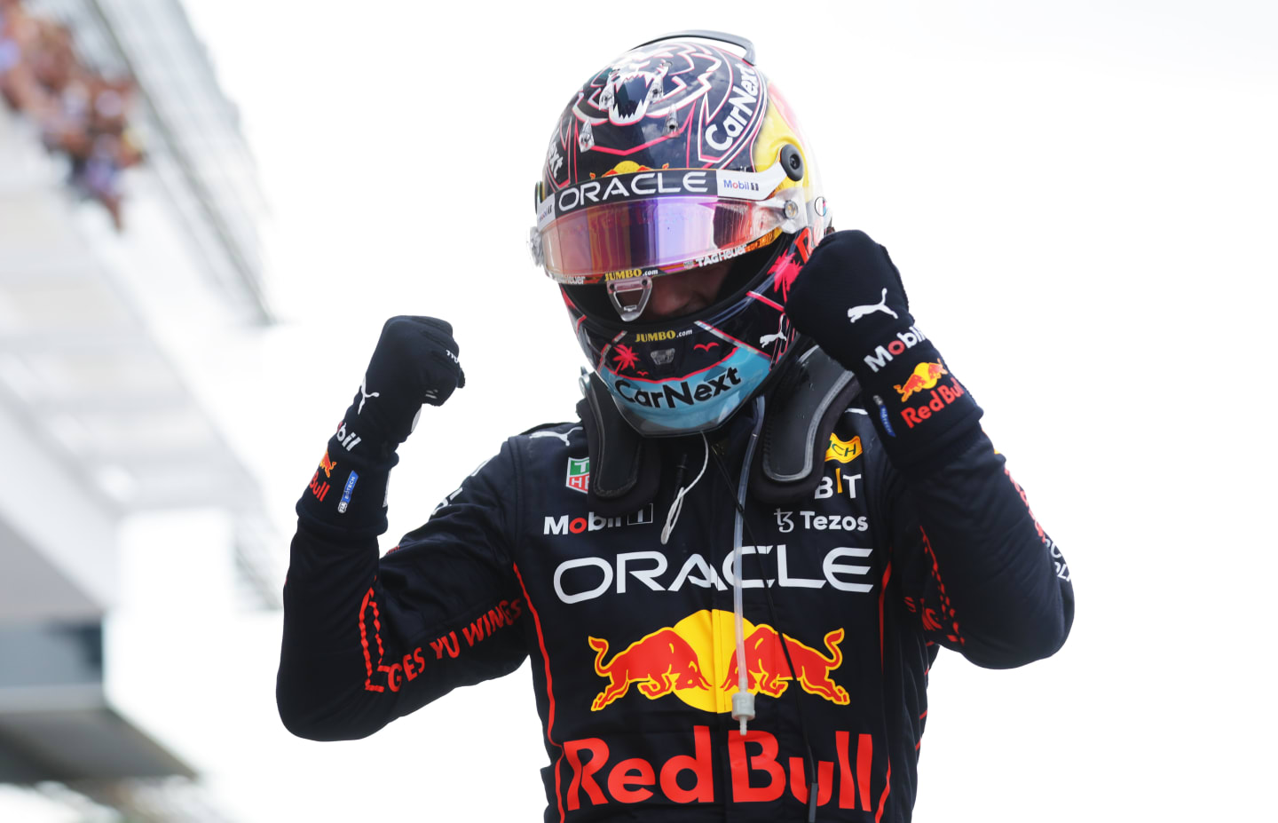 MIAMI, FLORIDA - MAY 08: Race winner Max Verstappen of the Netherlands and Oracle Red Bull Racing celebrates in parc ferme during the F1 Grand Prix of Miami at the Miami International Autodrome on May 08, 2022 in Miami, Florida. (Photo by Mark Thompson/Getty Images)