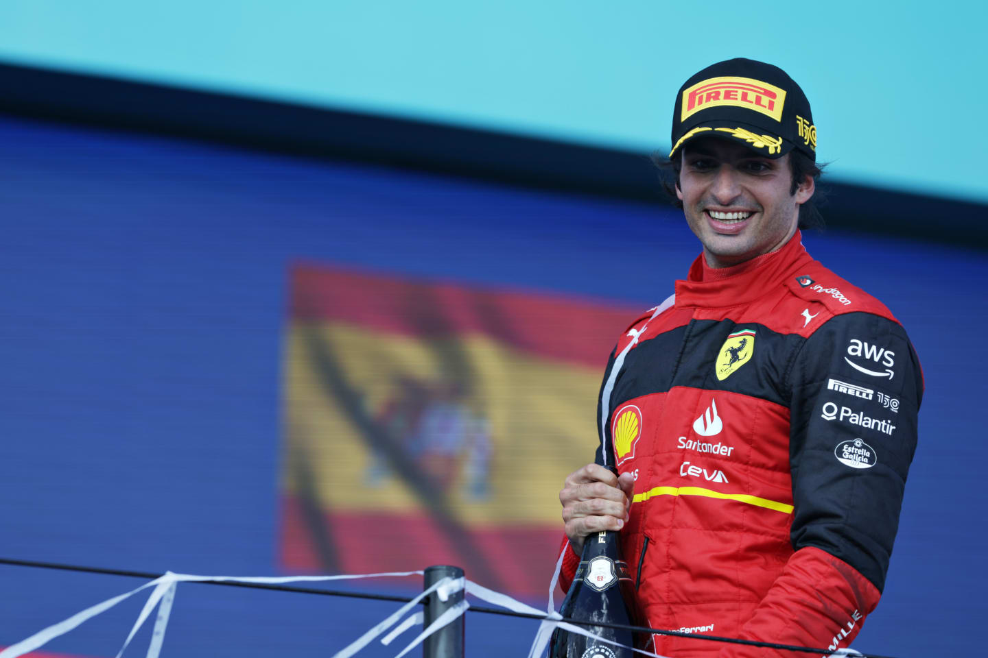 MIAMI, FLORIDA - MAY 08: Third placed Carlos Sainz of Spain and Ferrari celebrates on the podium