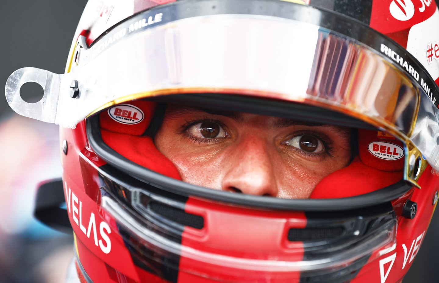 MIAMI, FLORIDA - MAY 08: Third placed Carlos Sainz of Spain and Ferrari looks on in parc ferme during the F1 Grand Prix of Miami at the Miami International Autodrome on May 08, 2022 in Miami, Florida. (Photo by Jared C. Tilton/Getty Images)