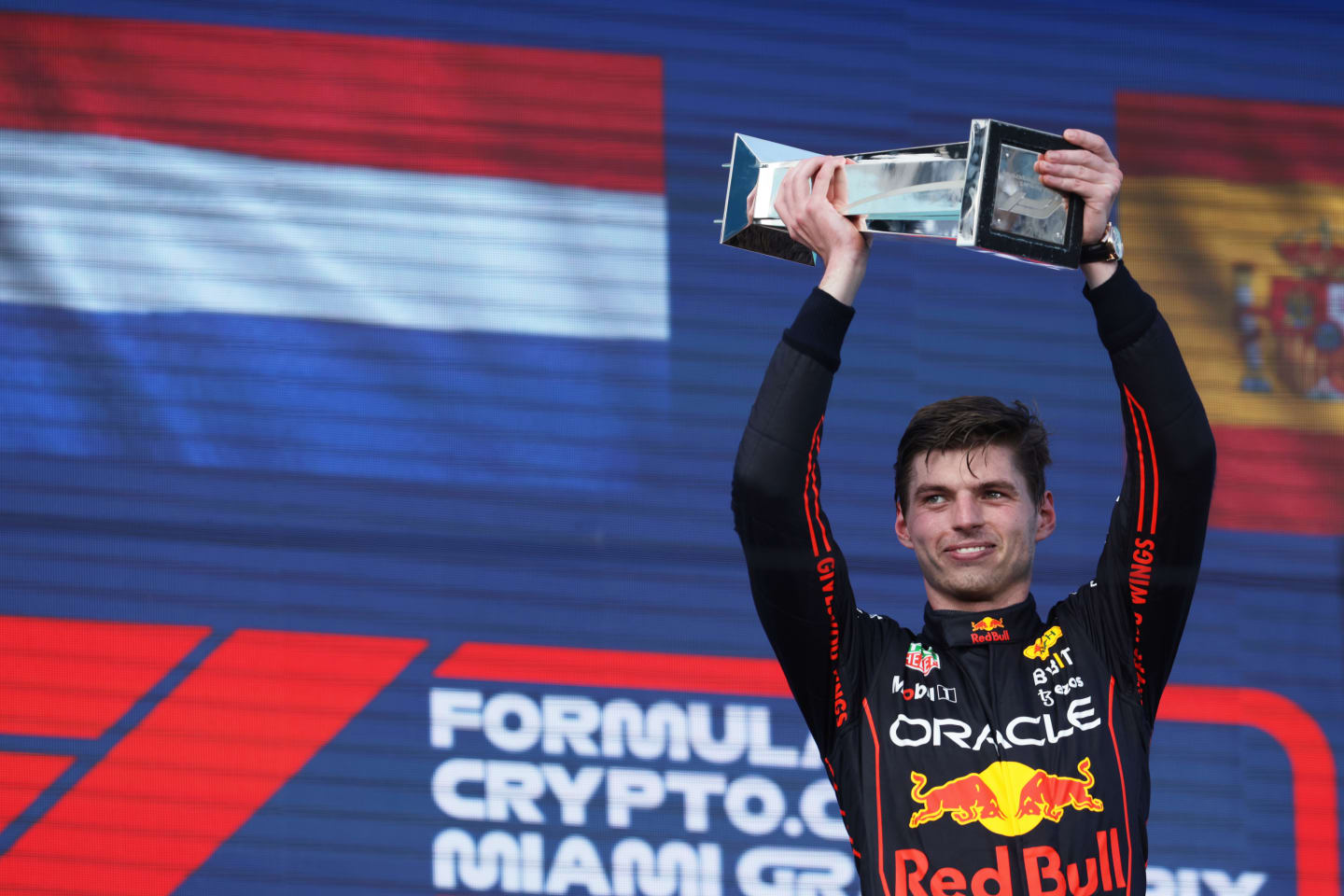 MIAMI, FLORIDA - MAY 08: Race winner Max Verstappen of the Netherlands and Oracle Red Bull Racing