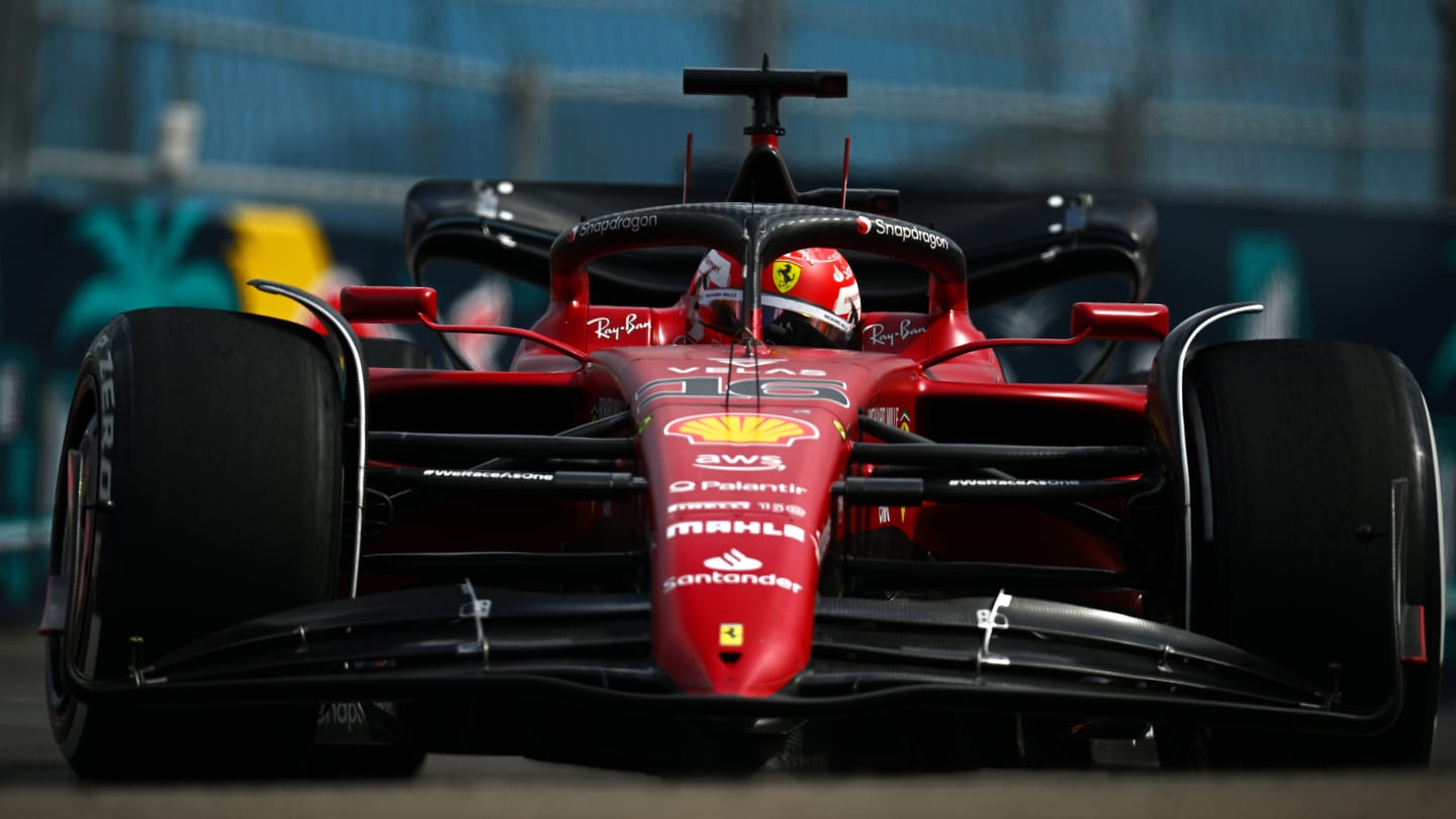 MIAMI, FLORIDA - MAY 08: Charles Leclerc of Monaco driving (16) the Ferrari F1-75 on track during