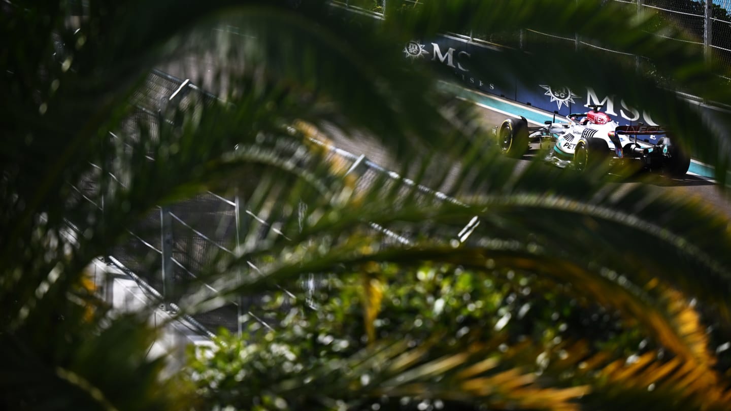 MIAMI, FLORIDA - MAY 08: George Russell of Great Britain driving the (63) Mercedes AMG Petronas F1 Team W13 on track during the F1 Grand Prix of Miami at the Miami International Autodrome on May 08, 2022 in Miami, Florida. (Photo by Clive Mason - Formula 1/Formula 1 via Getty Images)
