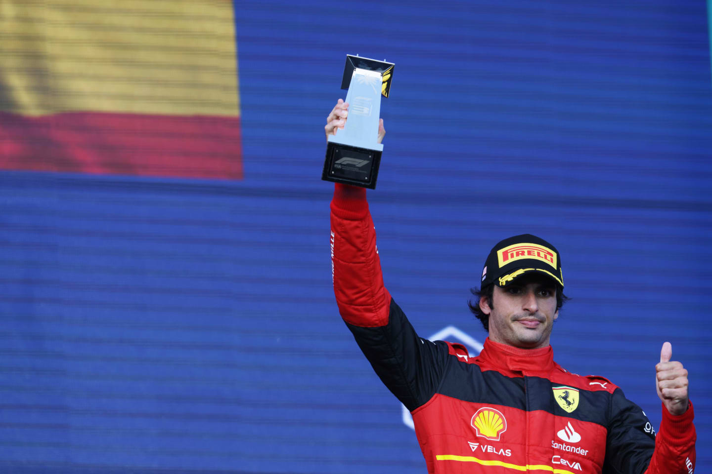 MIAMI, FLORIDA - MAY 08: Third placed Carlos Sainz of Spain and Ferrari celebrates on the podium