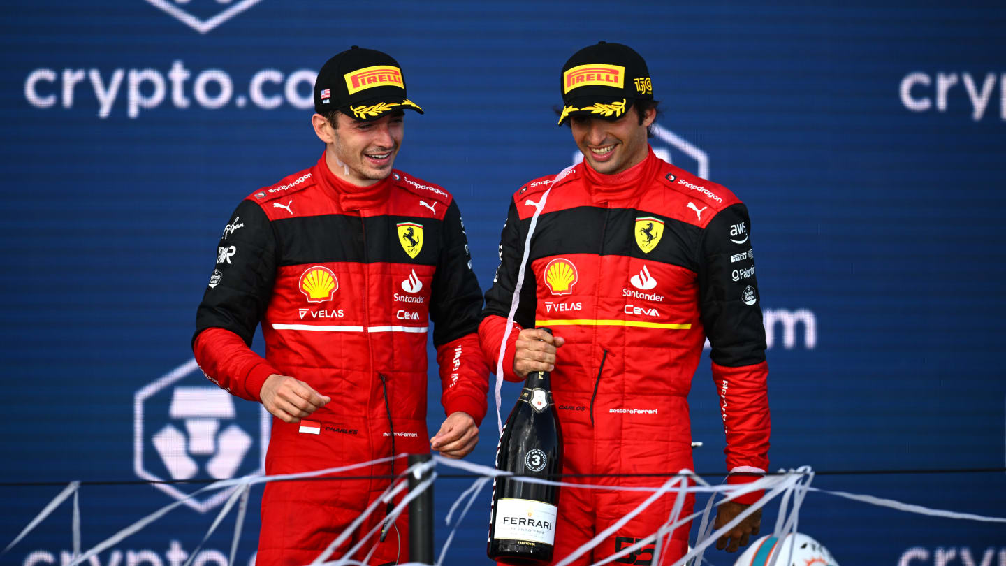 MIAMI, FLORIDA - MAY 08: Second placed Charles Leclerc of Monaco and Ferrari and Third placed