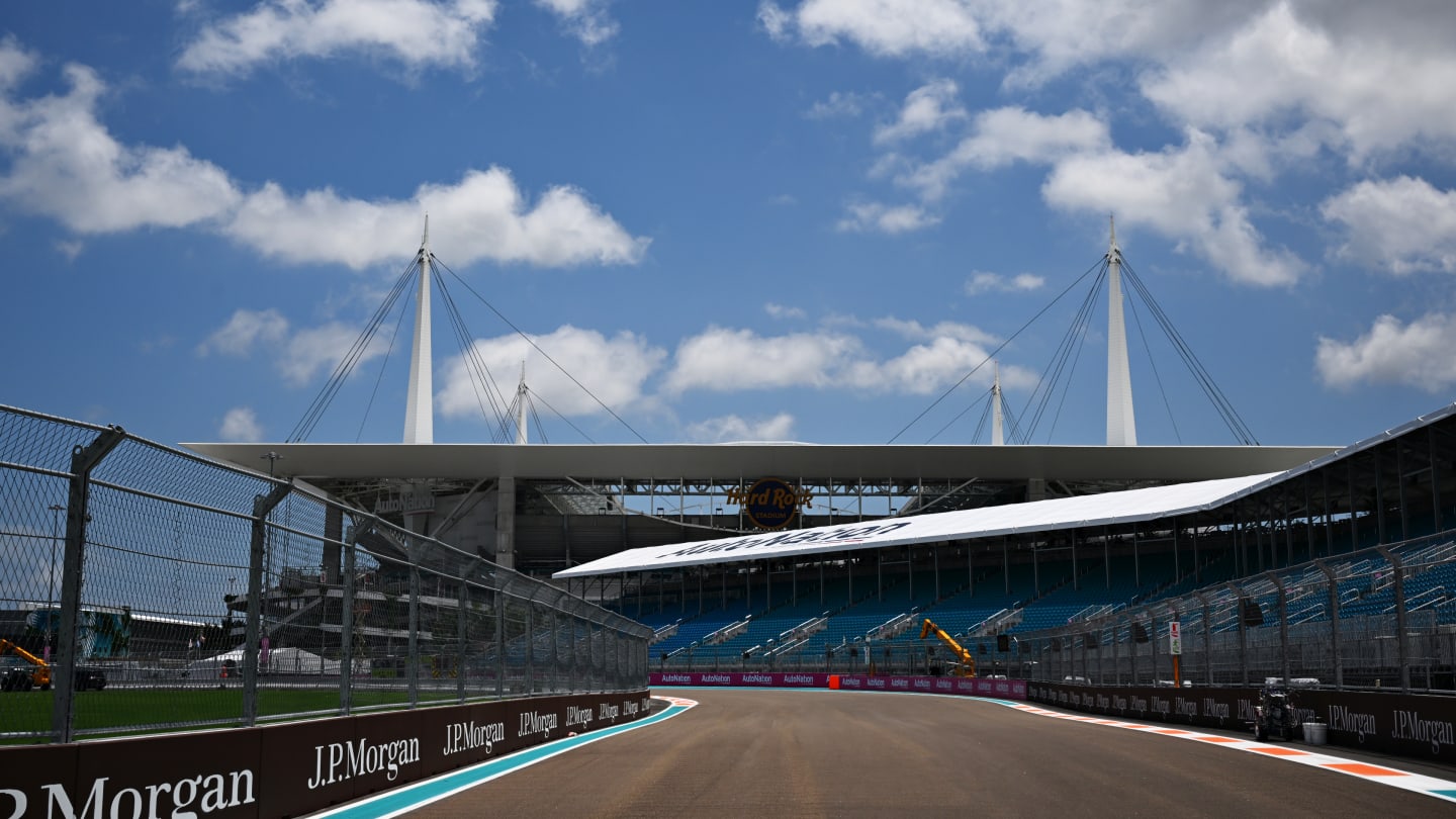 MIAMI, FLORIDA - MAY 04: A general view of Hard Rock Stadium at the circuit during previews ahead