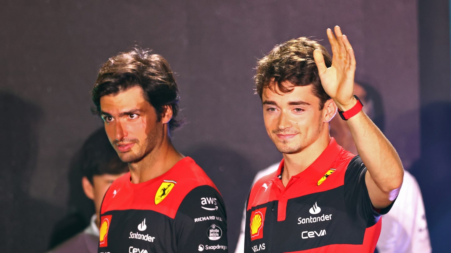 MIAMI GARDENS, FLORIDA - MAY 04: Carlos Sainz of Spain and Ferrari and Charles Leclerc of Monaco