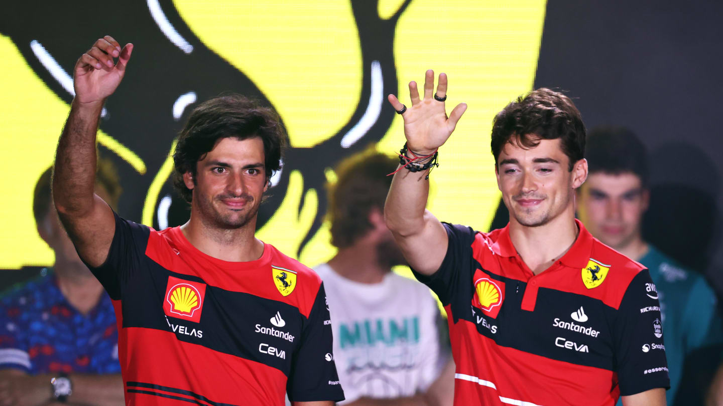 MIAMI GARDENS, FLORIDA - MAY 04: Carlos Sainz of Spain and Ferrari and Charles Leclerc of Monaco