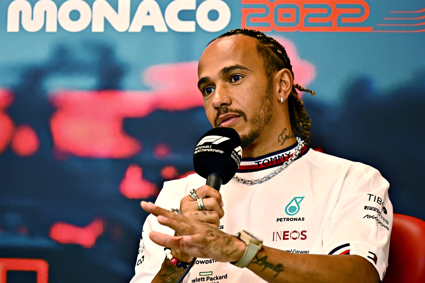 MONTE-CARLO, MONACO - MAY 27: Lewis Hamilton of Great Britain and Mercedes talks in the Drivers Press Conference prior to practice ahead of the F1 Grand Prix of Monaco at Circuit de Monaco on May 27, 2022 in Monte-Carlo, Monaco. (Photo by Clive Mason/Getty Images)