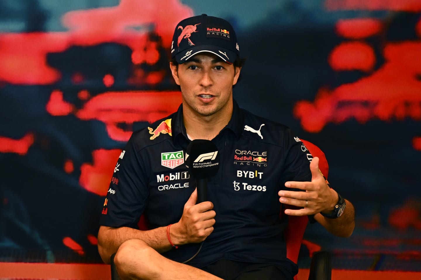 MONTE-CARLO, MONACO - MAY 27: Sergio Perez of Mexico and Oracle Red Bull Racing talks in the Drivers Press Conference prior to practice ahead of the F1 Grand Prix of Monaco at Circuit de Monaco on May 27, 2022 in Monte-Carlo, Monaco. (Photo by Clive Mason/Getty Images)