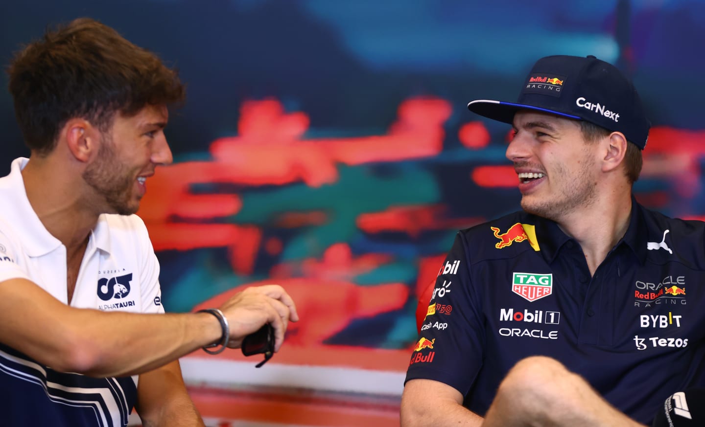 MONTE-CARLO, MONACO - MAY 27: Max Verstappen of the Netherlands and Oracle Red Bull Racing and Pierre Gasly of France and Scuderia AlphaTauri talk in the Drivers Press Conference prior to practice ahead of the F1 Grand Prix of Monaco at Circuit de Monaco on May 27, 2022 in Monte-Carlo, Monaco. (Photo by Dan Istitene/Getty Images)