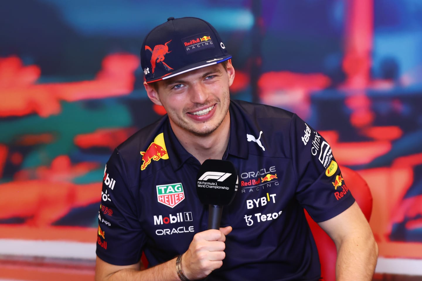 MONTE-CARLO, MONACO - MAY 27: Max Verstappen of the Netherlands and Oracle Red Bull Racing talks in the Drivers Press Conference prior to practice ahead of the F1 Grand Prix of Monaco at Circuit de Monaco on May 27, 2022 in Monte-Carlo, Monaco. (Photo by Dan Istitene/Getty Images)