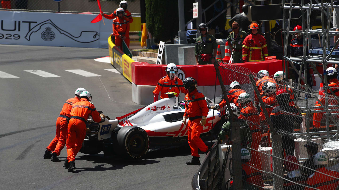 MONTE-CARLO, MONACO - MAY 27: Mick Schumacher of Germany driving the (47) Haas F1 VF-22 Ferrari blocks the pitlane leading to a red flag during practice ahead of the F1 Grand Prix of Monaco at Circuit de Monaco on May 27, 2022 in Monte-Carlo, Monaco. (Photo by Joe Portlock - Formula 1/Formula 1 via Getty Images)