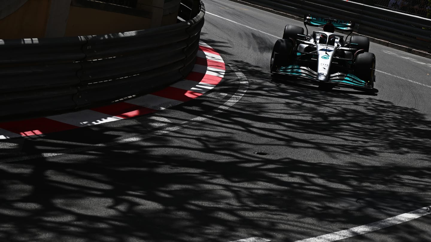 MONTE-CARLO, MONACO - MAY 27: George Russell of Great Britain driving the (63) Mercedes AMG Petronas F1 Team W13 on track during practice ahead of the F1 Grand Prix of Monaco at Circuit de Monaco on May 27, 2022 in Monte-Carlo, Monaco. (Photo by Clive Mason - Formula 1/Formula 1 via Getty Images)