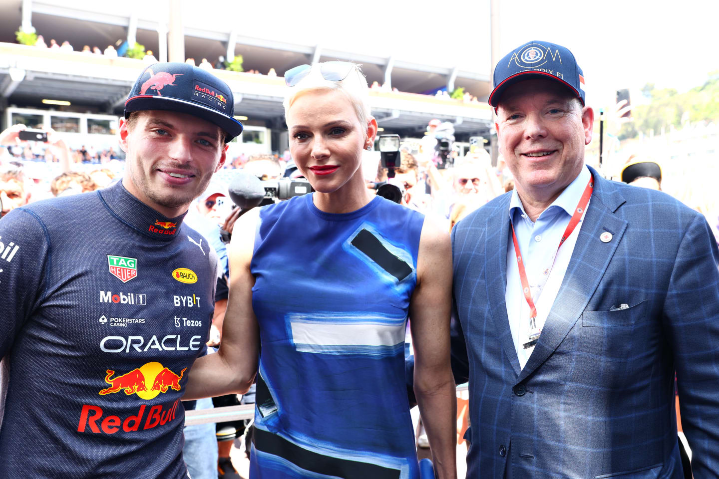MONTE-CARLO, MONACO - MAY 28: Max Verstappen of the Netherlands and Oracle Red Bull Racing, Princess Charlene of Monaco and Prince Albert of Monaco pose for a photo prior to qualifying ahead of the F1 Grand Prix of Monaco at Circuit de Monaco on May 28, 2022 in Monte-Carlo, Monaco. (Photo by Mark Thompson/Getty Images)