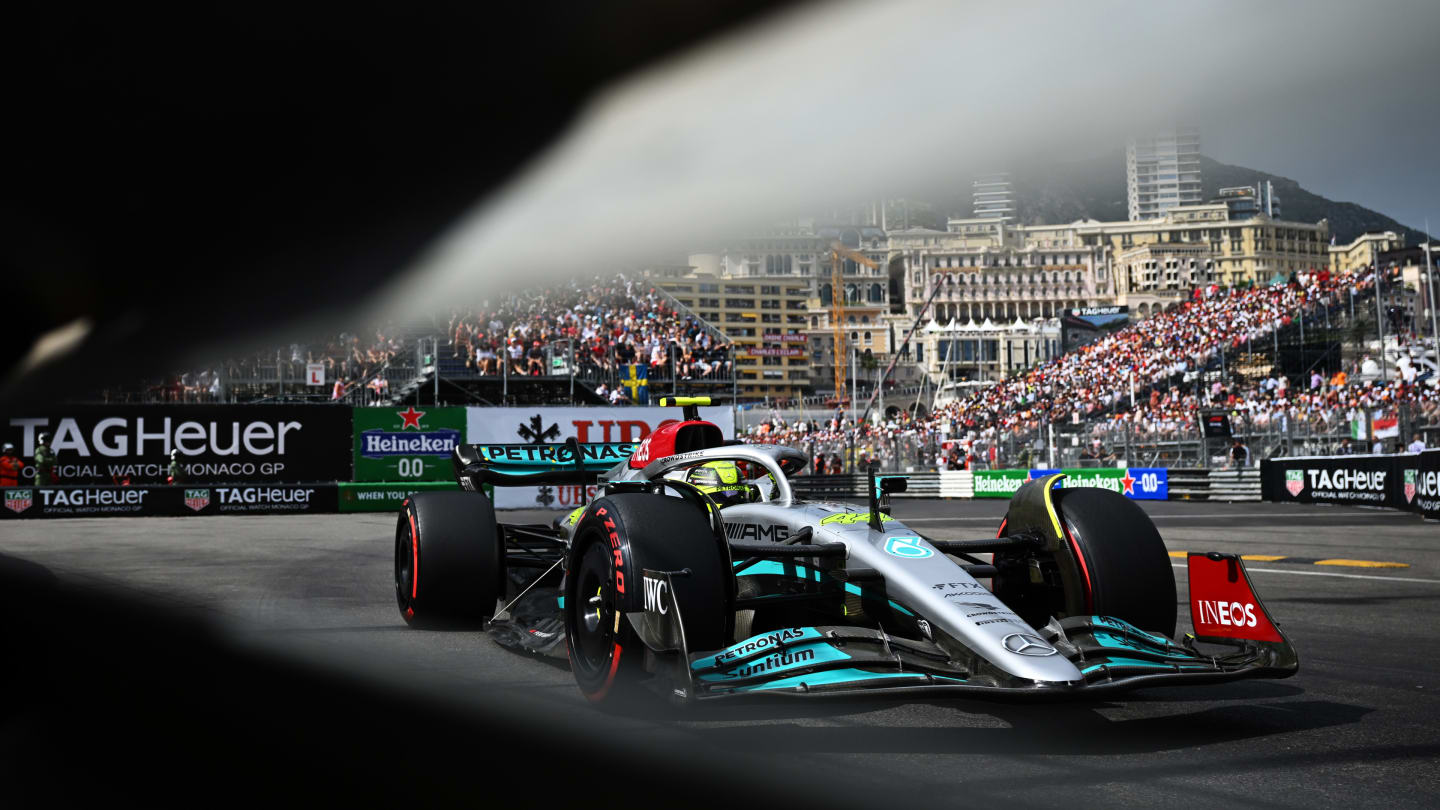 MONTE-CARLO, MONACO - MAY 28: Lewis Hamilton of Great Britain driving the (44) Mercedes AMG Petronas F1 Team W13 on track during qualifying ahead of the F1 Grand Prix of Monaco at Circuit de Monaco on May 28, 2022 in Monte-Carlo, Monaco. (Photo by Clive Mason - Formula 1/Formula 1 via Getty Images)
