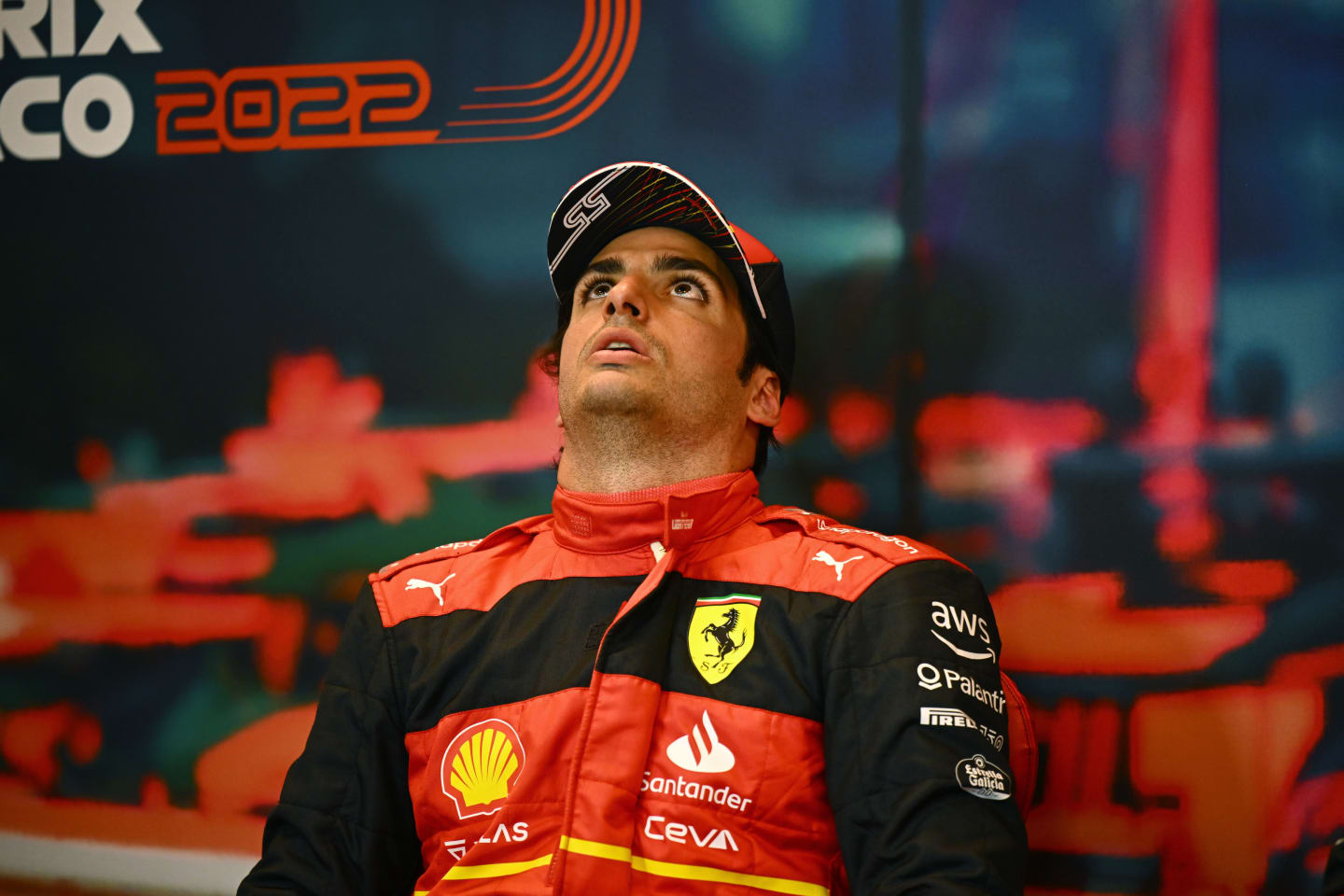 MONTE-CARLO, MONACO - MAY 28: Second placed qualifier Carlos Sainz of Spain and Ferrari looks on in the press conference after qualifying ahead of the F1 Grand Prix of Monaco at Circuit de Monaco on May 28, 2022 in Monte-Carlo, Monaco. (Photo by Clive Mason/Getty Images)