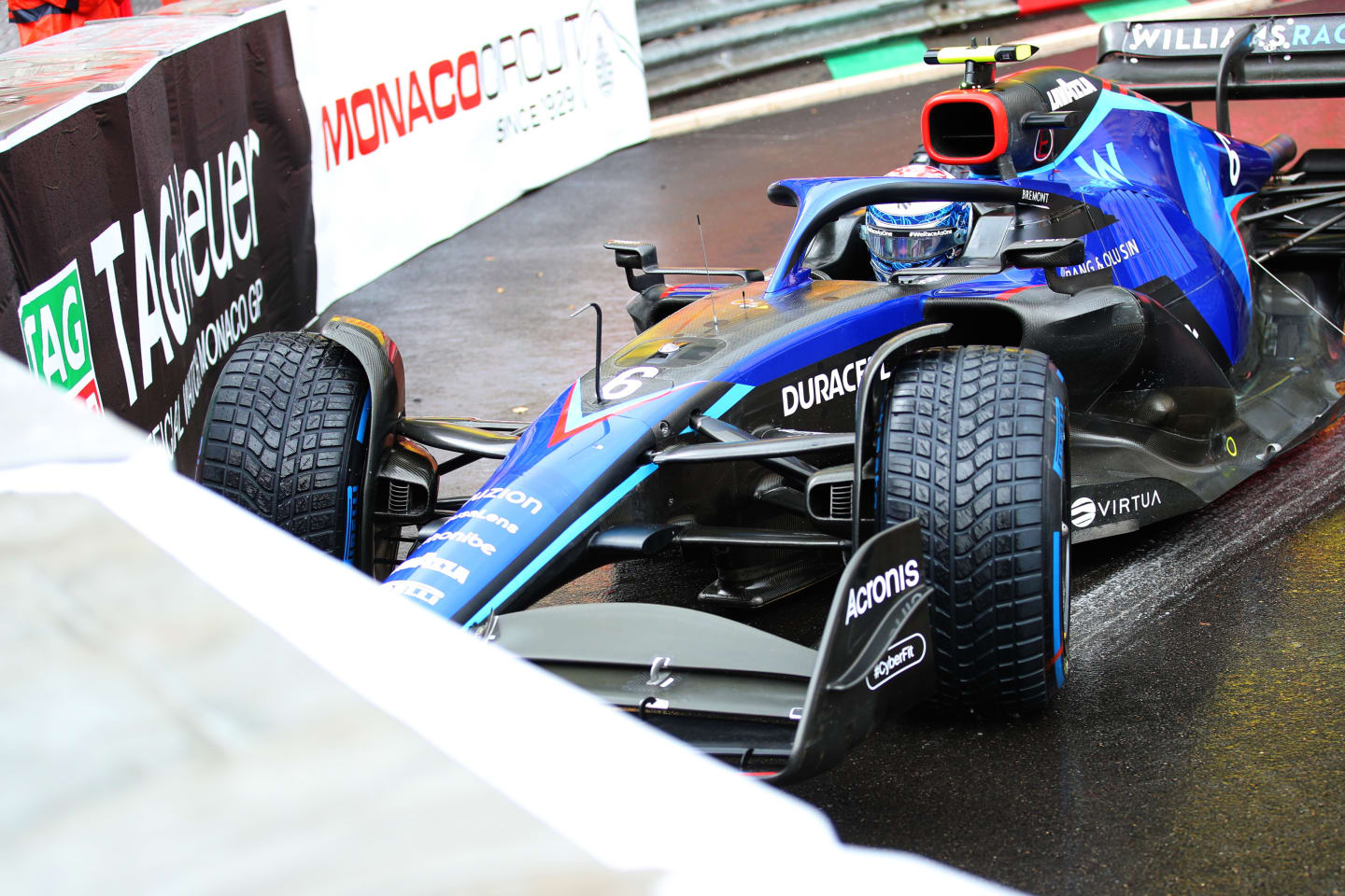 MONTE-CARLO, MONACO - MAY 29: Nicholas Latifi of Canada driving the (6) Williams FW44 Mercedes collides with the track barrier on the formation lap during the F1 Grand Prix of Monaco at Circuit de Monaco on May 29, 2022 in Monte-Carlo, Monaco. (Photo by Eric Alonso/Getty Images)