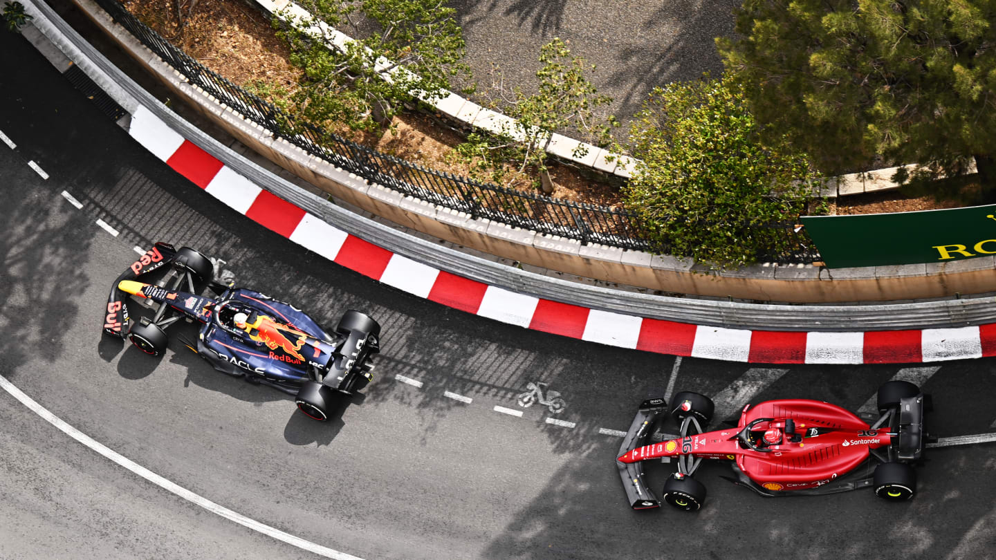 MONTE-CARLO, MONACO - MAY 29: Max Verstappen of the Netherlands driving the (1) Oracle Red Bull Racing RB18 leads Charles Leclerc of Monaco driving the (16) Ferrari F1-75 during the F1 Grand Prix of Monaco at Circuit de Monaco on May 29, 2022 in Monte-Carlo, Monaco. (Photo by Clive Mason - Formula 1/Formula 1 via Getty Images)