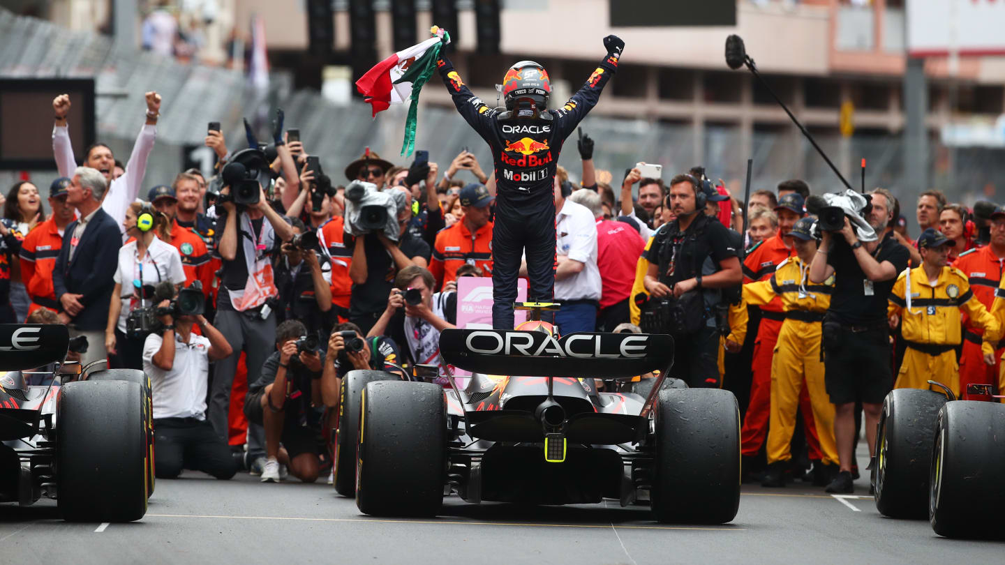 MONTE-CARLO, MONACO - MAY 29: Race winner Sergio Perez of Mexico and Oracle Red Bull Racing celebrates in parc ferme during the F1 Grand Prix of Monaco at Circuit de Monaco on May 29, 2022 in Monte-Carlo, Monaco. (Photo by Joe Portlock - Formula 1/Formula 1 via Getty Images)