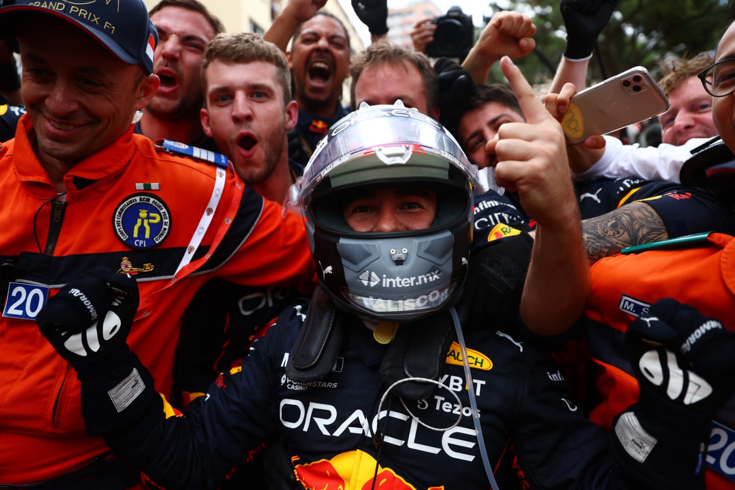 MONTE-CARLO, MONACO - MAY 29: Race winner Sergio Perez of Mexico and Oracle Red Bull Racing celebrates in parc ferme during the F1 Grand Prix of Monaco at Circuit de Monaco on May 29, 2022 in Monte-Carlo, Monaco. (Photo by Mark Thompson/Getty Images)