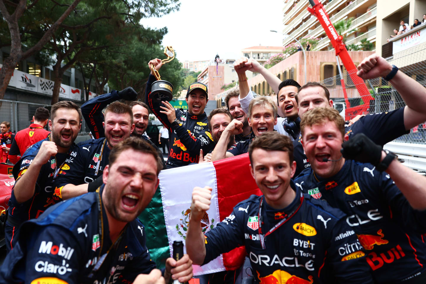 MONTE-CARLO, MONACO - MAY 29: Race winner Sergio Perez of Mexico and Oracle Red Bull Racing celebrates with his team after the F1 Grand Prix of Monaco at Circuit de Monaco on May 29, 2022 in Monte-Carlo, Monaco. (Photo by Mark Thompson/Getty Images)