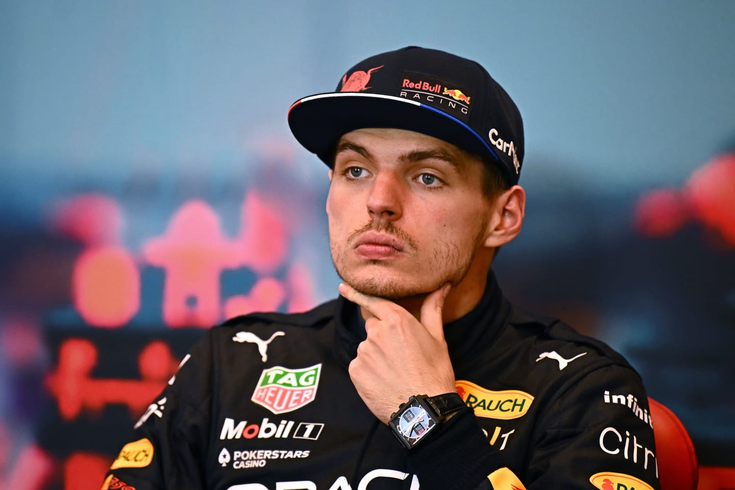 MONTE-CARLO, MONACO - MAY 29: Third placed Max Verstappen of the Netherlands and Oracle Red Bull Racing looks on in the press conference after the F1 Grand Prix of Monaco at Circuit de Monaco on May 29, 2022 in Monte-Carlo, Monaco. (Photo by Clive Mason/Getty Images)
