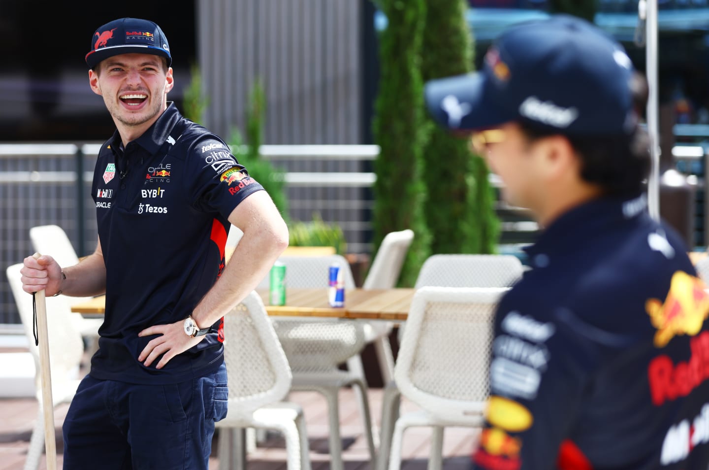 MONTE-CARLO, MONACO - MAY 26: Max Verstappen of the Netherlands and Oracle Red Bull Racing and Sergio Perez of Mexico and Oracle Red Bull Racing play Hook-A-Duck on the Red Bull Racing Energy Station during previews ahead of the F1 Grand Prix of Monaco at Circuit de Monaco on May 26, 2022 in Monte-Carlo, Monaco. (Photo by Mark Thompson/Getty Images)