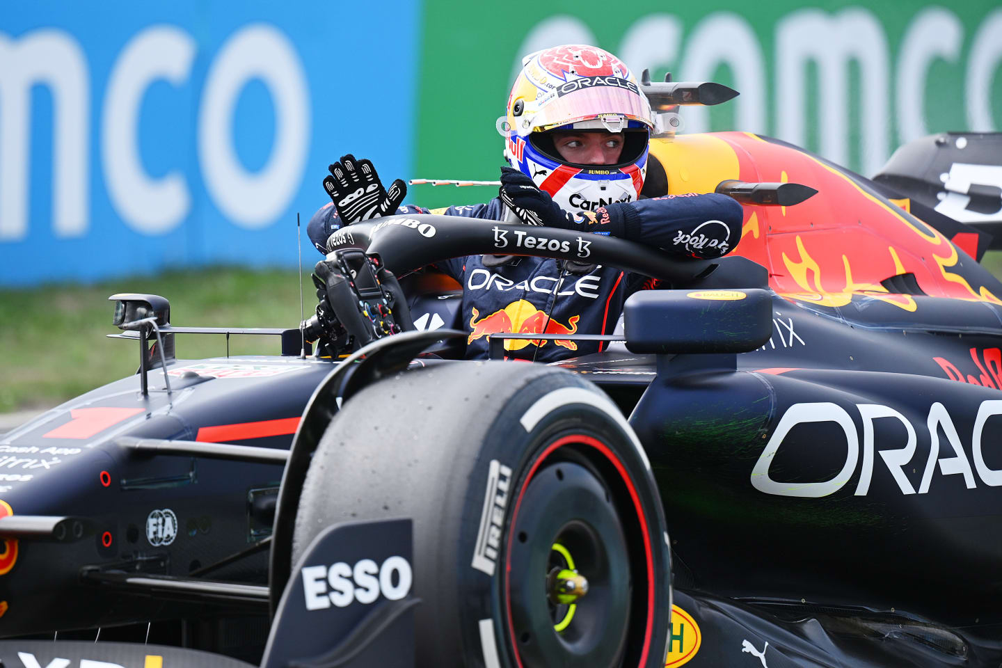 ZANDVOORT, NETHERLANDS - SEPTEMBER 02: Max Verstappen of the Netherlands driving the (1) Oracle Red Bull Racing RB18 stops ot during practice ahead of the F1 Grand Prix of The Netherlands at Circuit Zandvoort on September 02, 2022 in Zandvoort, Netherlands. (Photo by Clive Mason/Getty Images)