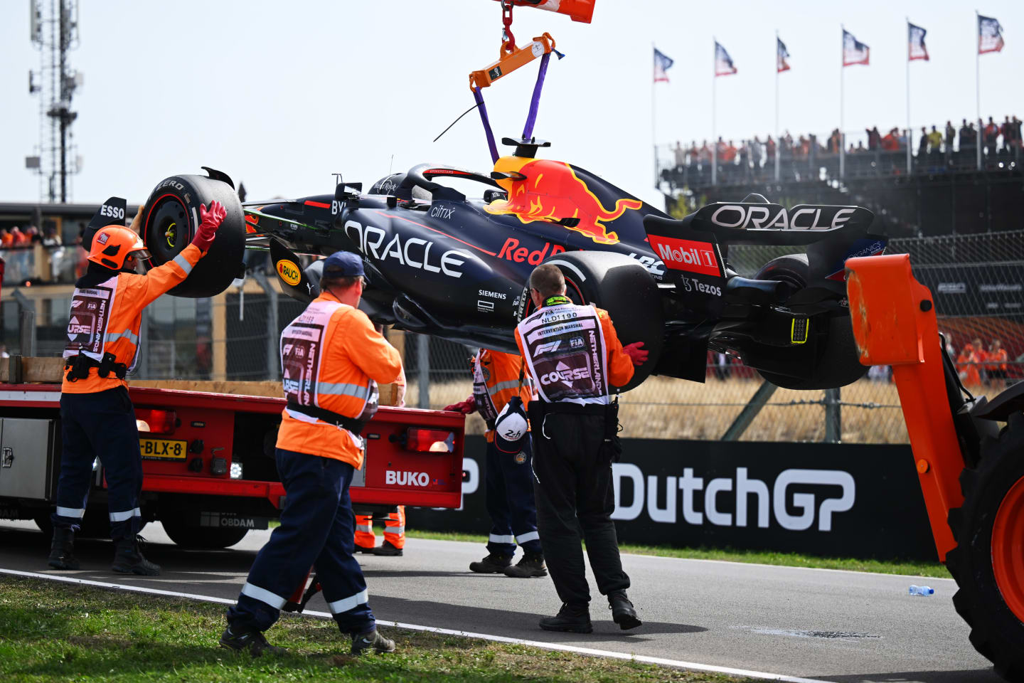 ZANDVOORT, NETHERLANDS - SEPTEMBER 02: The car of Max Verstappen of the Netherlands and Oracle Red Bull Racing is removed from the track during practice ahead of the F1 Grand Prix of The Netherlands at Circuit Zandvoort on September 02, 2022 in Zandvoort, Netherlands. (Photo by Clive Mason/Getty Images)