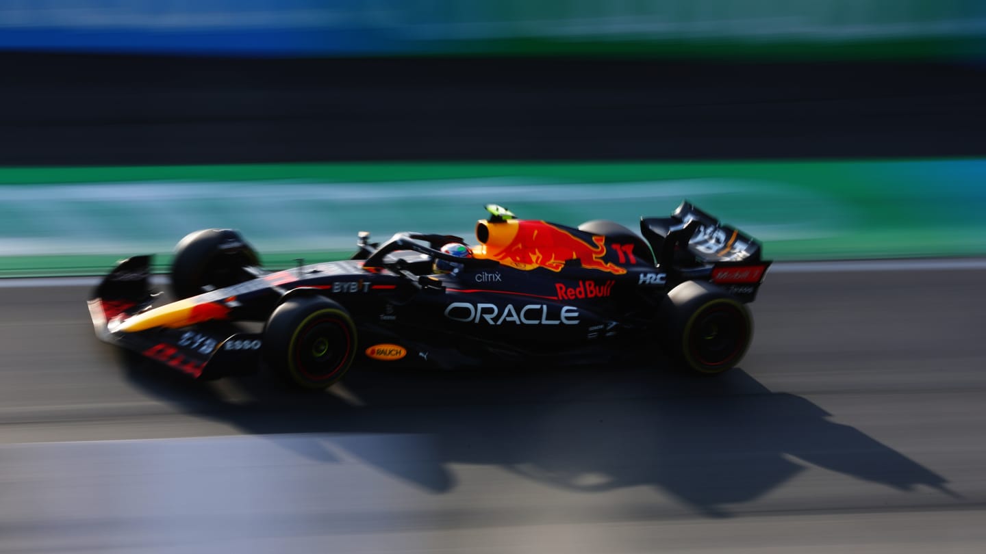ZANDVOORT, NETHERLANDS - SEPTEMBER 02: Sergio Perez of Mexico driving the (11) Oracle Red Bull Racing RB18 on track during practice ahead of the F1 Grand Prix of The Netherlands at Circuit Zandvoort on September 02, 2022 in Zandvoort, Netherlands. (Photo by Lars Baron - Formula 1/Formula 1 via Getty Images)