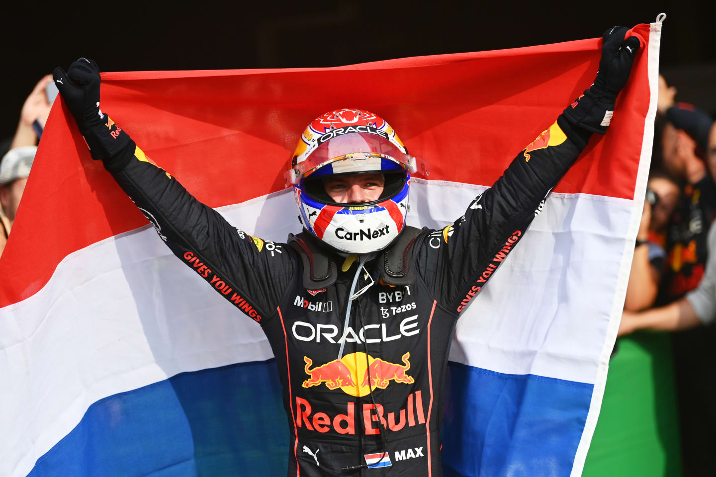 ZANDVOORT, NETHERLANDS - SEPTEMBER 04: Race winner Max Verstappen of the Netherlands and Oracle Red Bull Racing celebrates in parc ferme during the F1 Grand Prix of The Netherlands at Circuit Zandvoort on September 04, 2022 in Zandvoort, Netherlands. (Photo by Dan Mullan/Getty Images)