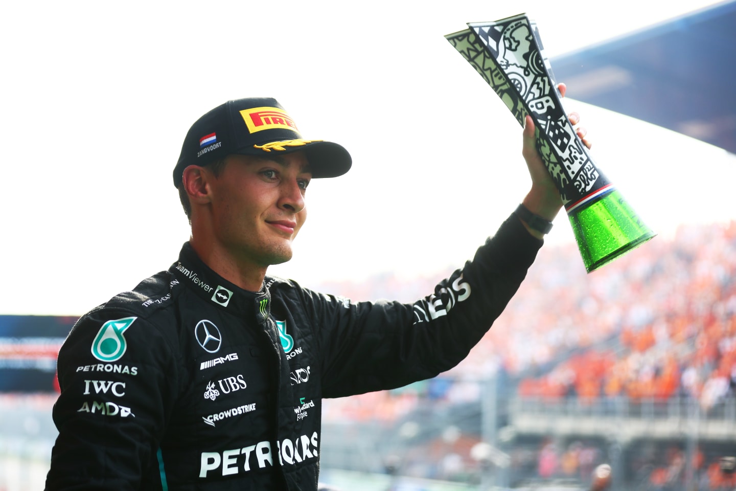 ZANDVOORT, NETHERLANDS - SEPTEMBER 04: Second placed George Russell of Great Britain and Mercedes